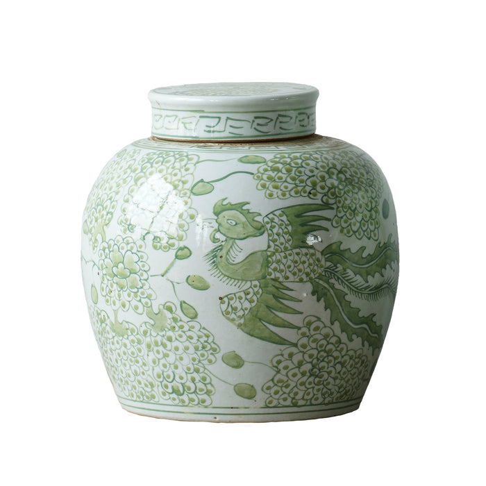 Jingdezhen Hand-Painted Ginger Jar, Green with Bird