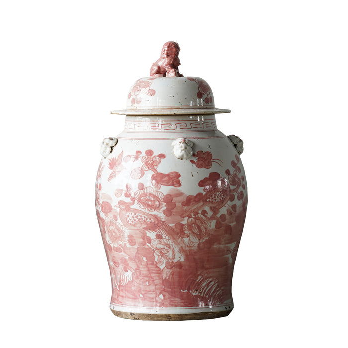 Jingdezhen Hand-Painted Temple Jar, Red with Flowers