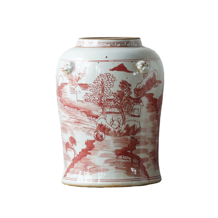 Jingdezhen Hand-Painted Temple Jar, Red with Mountain