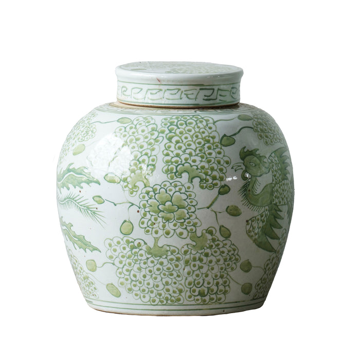 Jingdezhen Hand-Painted Ginger Jar, Green with Bird