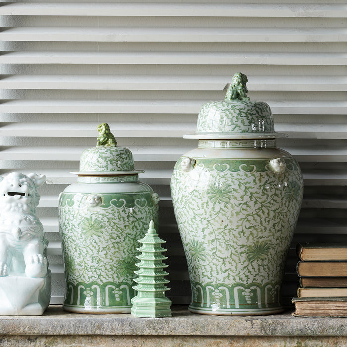 Jingdezhen Hand-Painted Temple Jar, Green with Flower