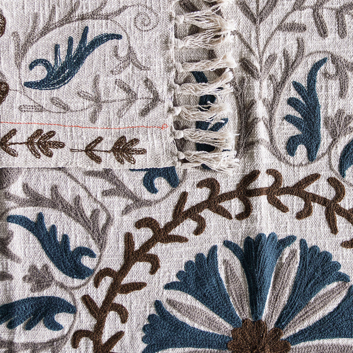 Handloom Slub Cotton Throw w Suzani Embroidery