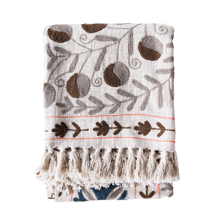 Handloom Slub Cotton Throw w Suzani Embroidery