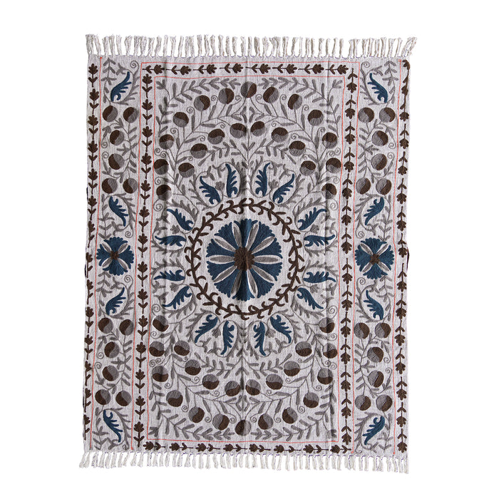 Handloom Slub Cotton Throw w Suzani Embroidery