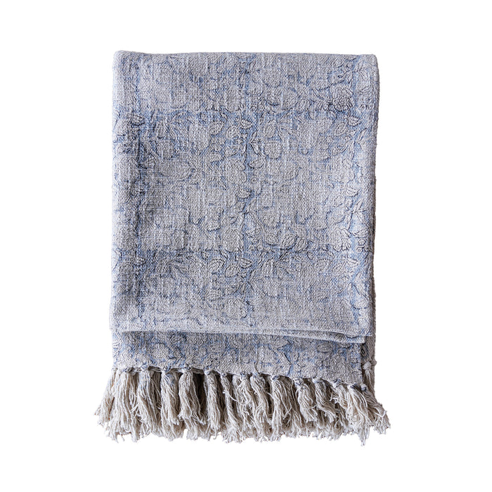 Handloom Cotton Throw w Blue Block Print