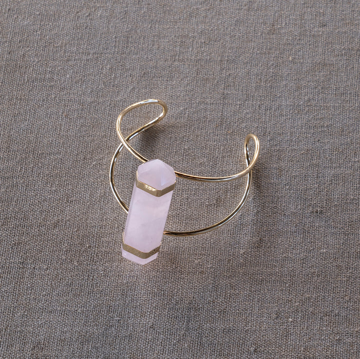 Wire Cuff Bracelet Rose Quartz Gold