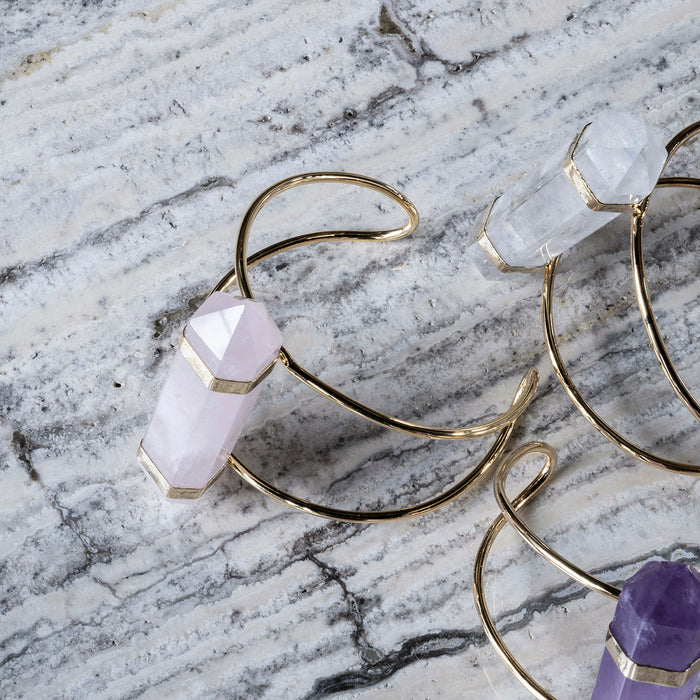 Wire Cuff Bracelet Rose Quartz Gold